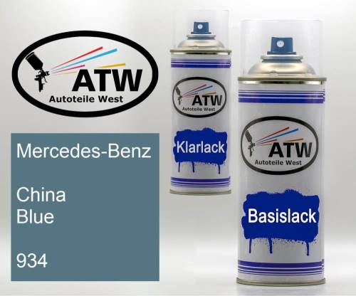 Mercedes-Benz, China Blue, 934: 400ml Sprühdose + 400ml Klarlack - Set, von ATW Autoteile West.